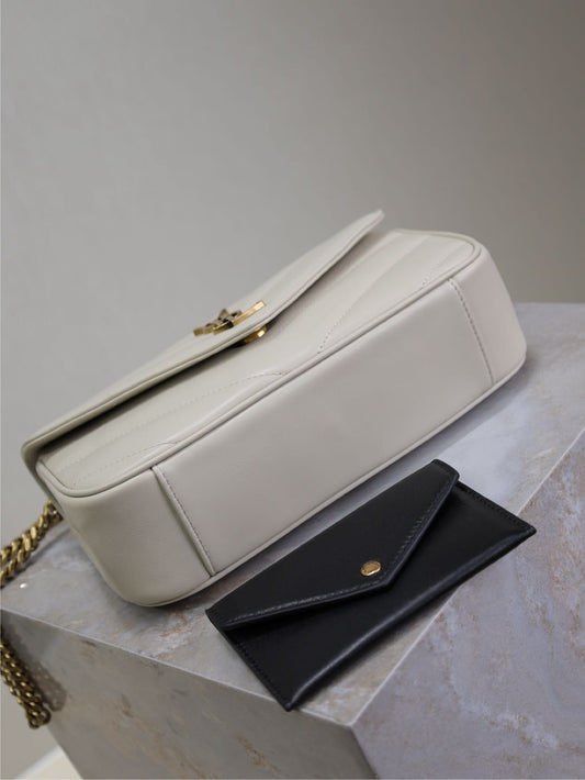Luxury Saint Laurent LOULOU SMALL 24 IN WHITE SHEEPSKIN GOLD HARDWARE