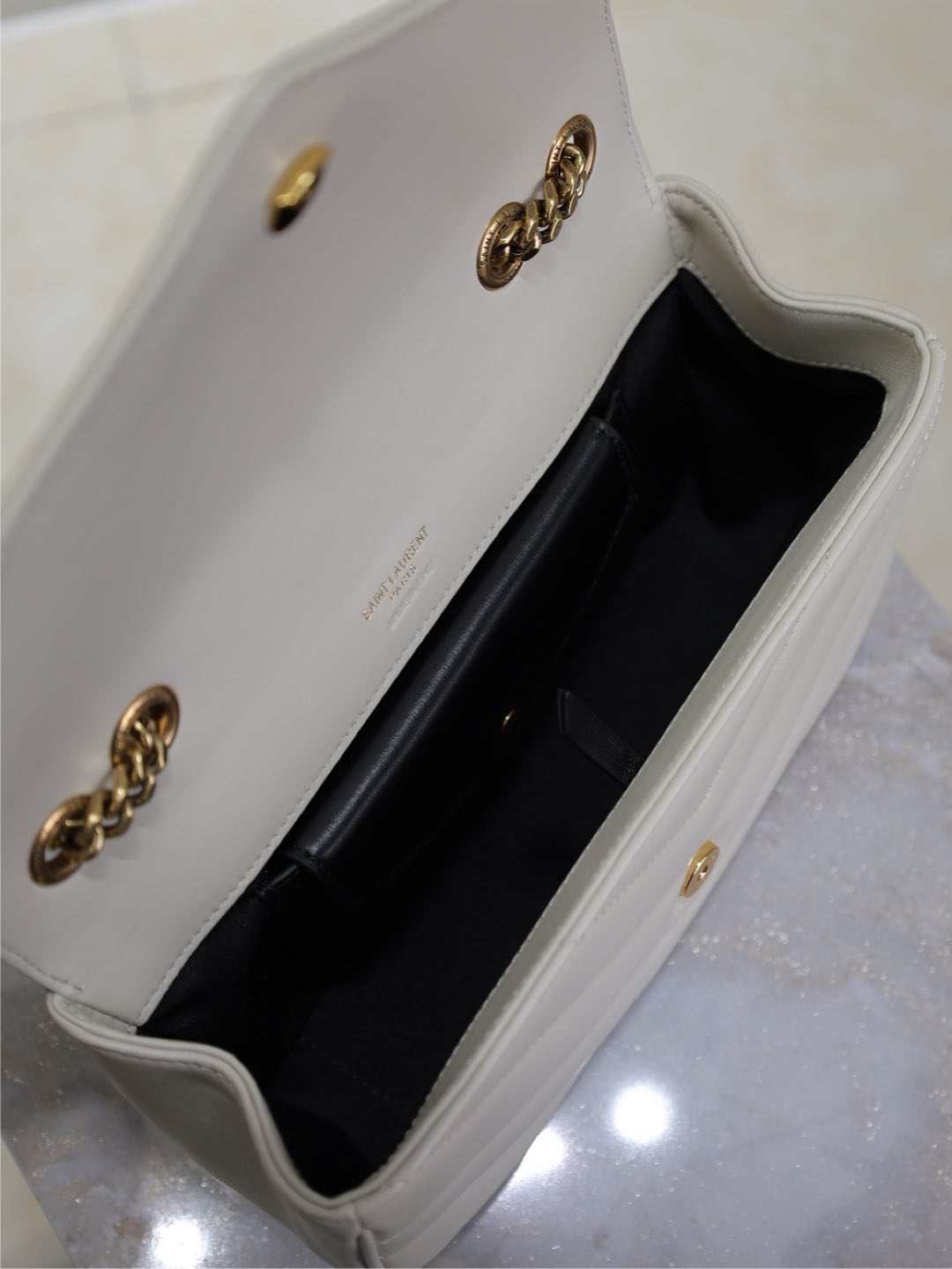 Luxury Saint Laurent LOULOU SMALL 24 IN WHITE SHEEPSKIN GOLD HARDWARE
