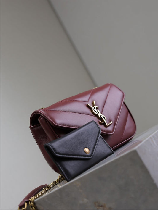 Luxury Saint Laurent LOULOU MINI 20 IN BURGUNDY RED SHEEPSKIN GOLD HARDWARE