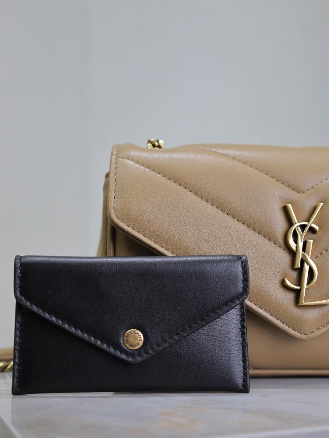 Luxury Saint Laurent LOULOU MINI 20 IN MILK TEA SHEEPSKIN GOLD HARDWARE