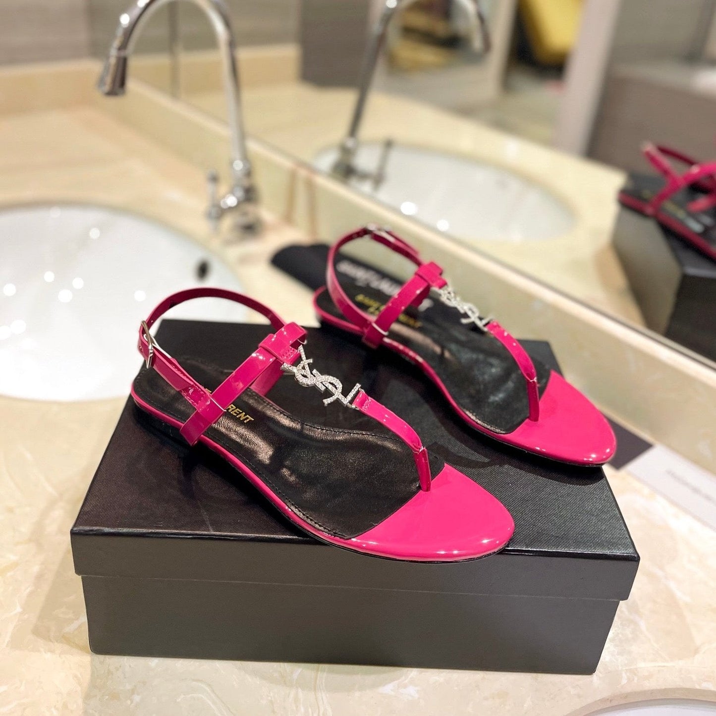 Luxury Saint Laurent SL CASSANDRA SANDALS DEEP PINK POLISHED CALFSKIN