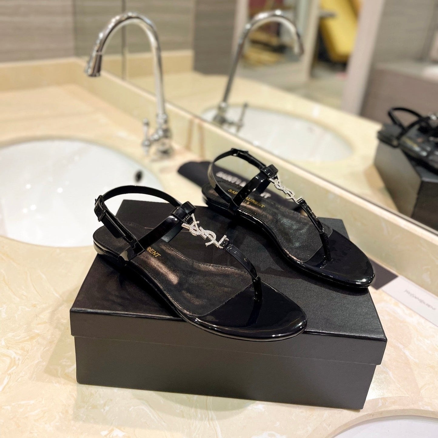 Luxury Saint Laurent SL CASSANDRA SANDALS BLACK POLISHED CALFSKIN