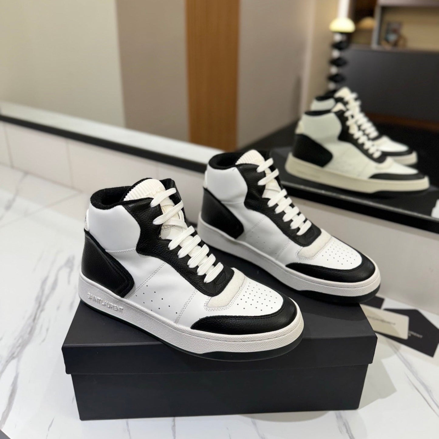 Luxury Saint Laurent MID-TOP SNEAKERS IN WHITE MIX BLACK PERFORATED LAMBSKIN
