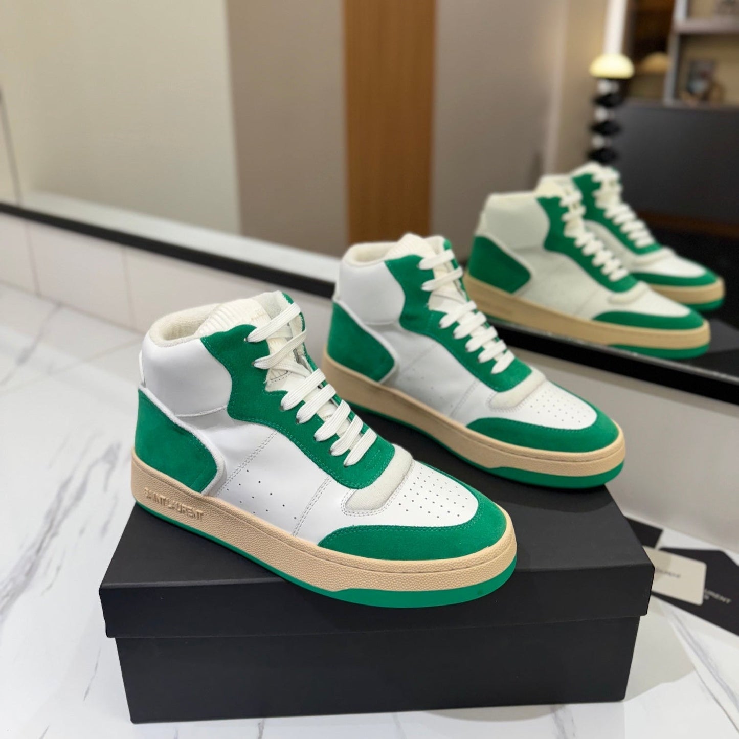 Luxury Saint Laurent MID-TOP SNEAKERS IN WHITE PERFORATED LAMBSKIN AND GREEN SUEDE