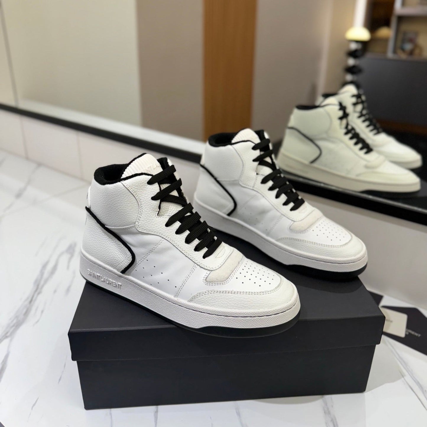 Luxury Saint Laurent MID-TOP SNEAKERS IN WHITE AND BLACK TRIM PERFORATED LAMBSKIN