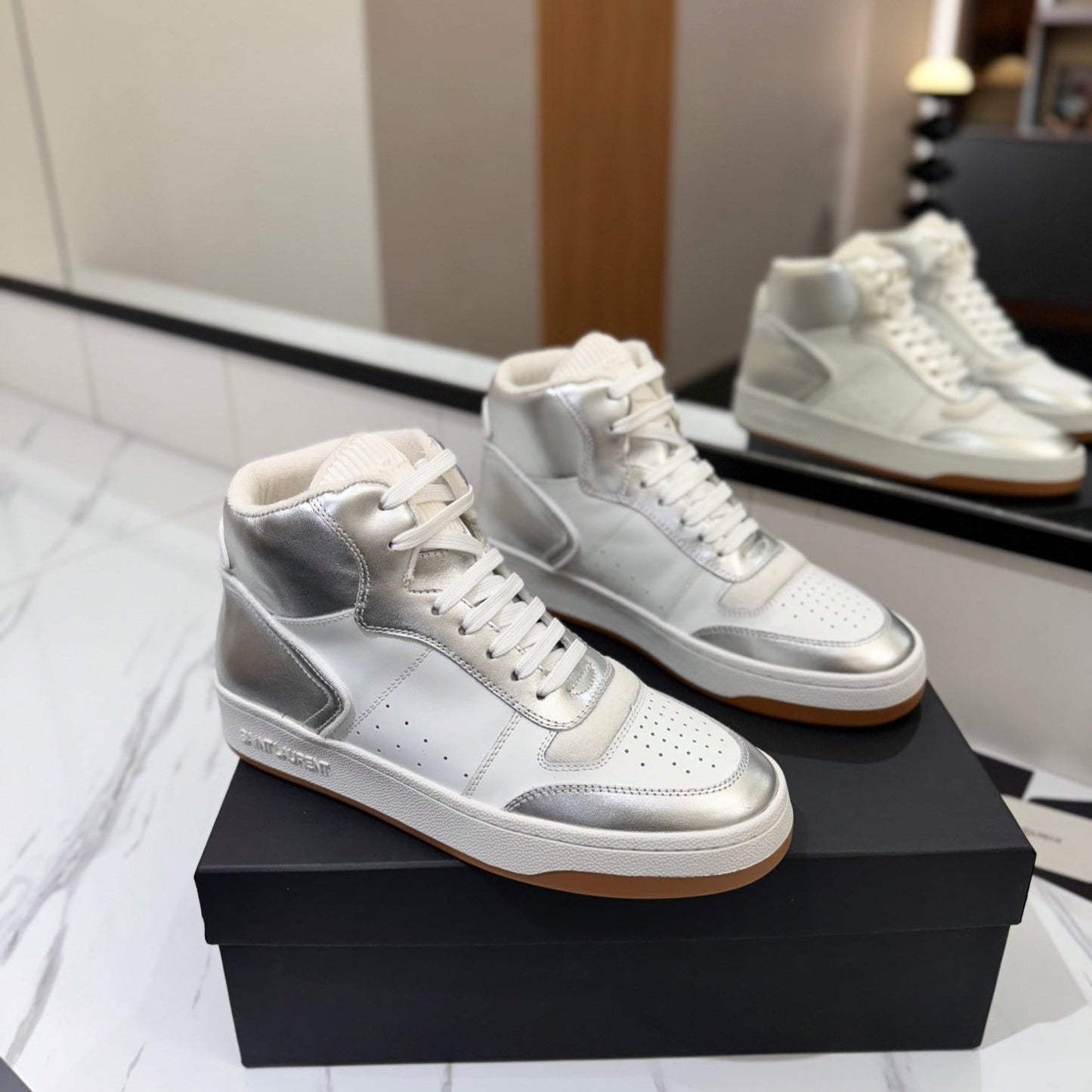 Luxury Saint Laurent MID-TOP SNEAKERS IN SILVER MIX WHITE LAMBSKIN