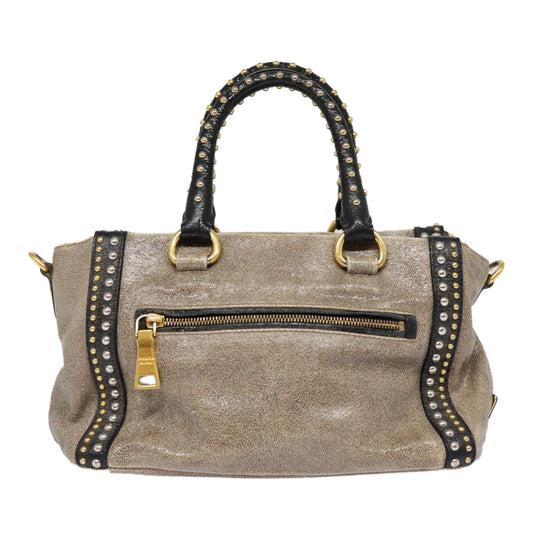 Luxury Prada Studs Hand Bag Leather 2way Gray Gold ki4827