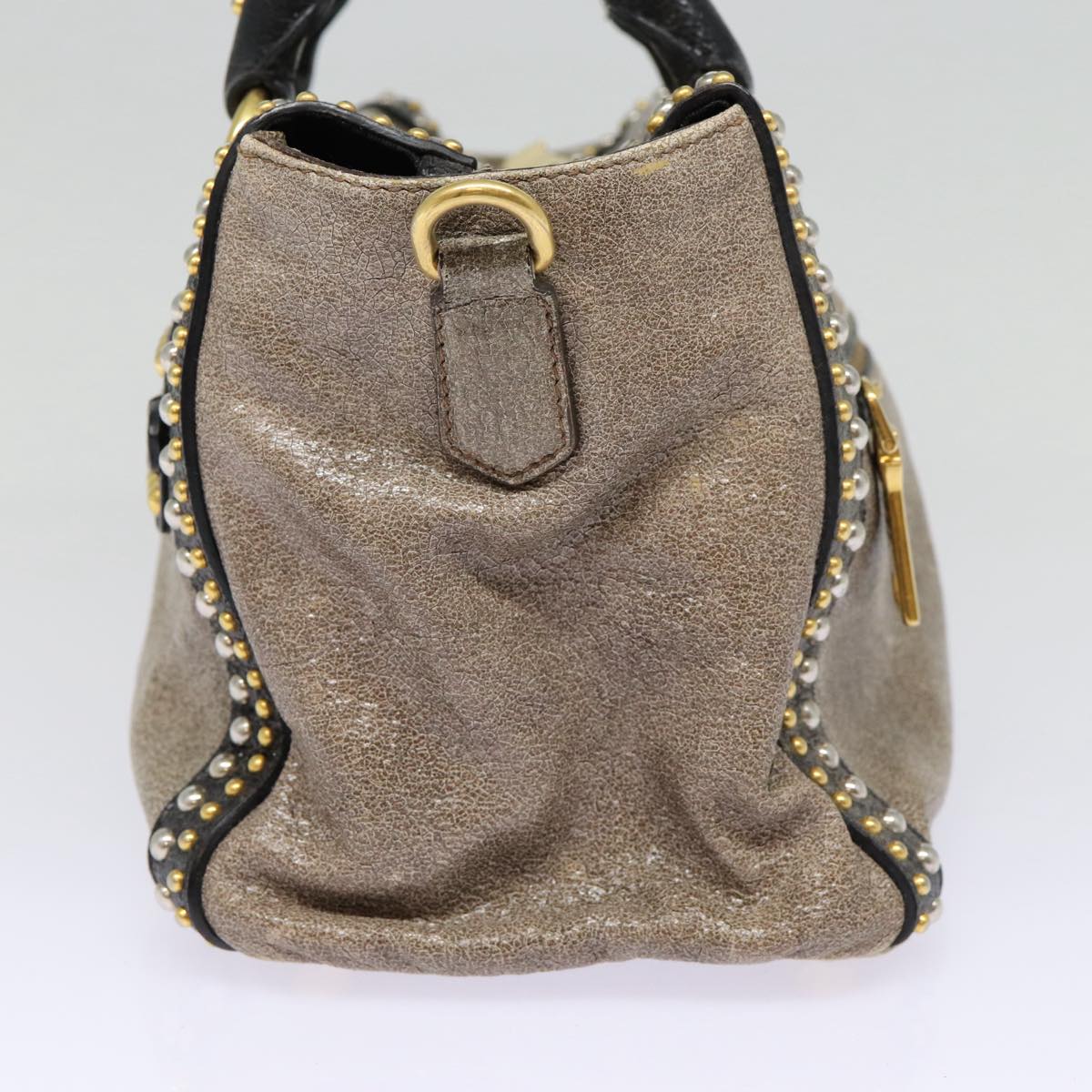 Luxury Prada Studs Hand Bag Leather 2way Gray Gold ki4827