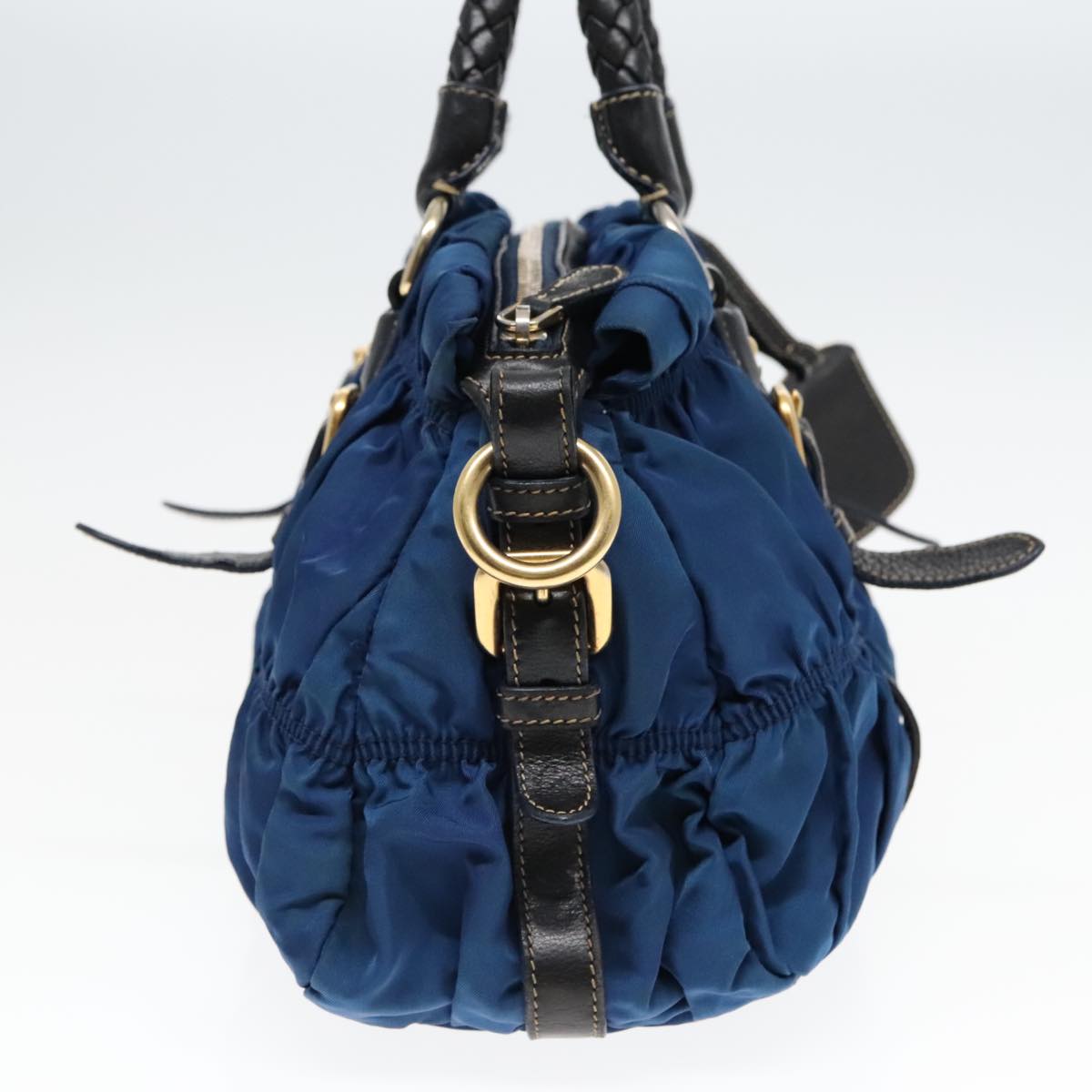 Luxury Prada Gathered Hand Bag Nylon Leather 2way Blue Gold ki5003