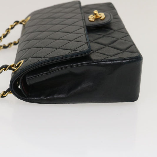 CHANEL Matelasse25 Double Chain Flap Shoulder Bag Lamb Skin Black CC lt482A