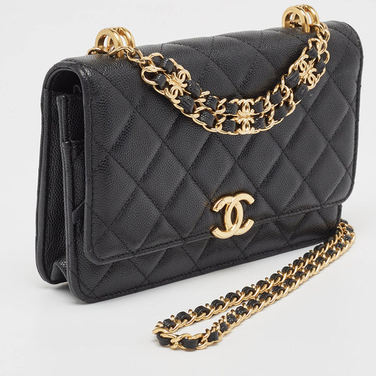 CHANEL Black Quilted Caviar Leather Coco First Wallet on Chain