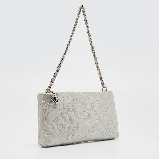 CHANEL Grey Shimmer Nubuck Leather Camelia Embossed Chain Clutch