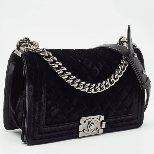 CHANEL Black Quilted Velvet Medium Boy Flap Bag