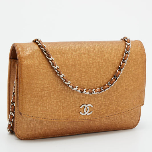 Luxury Chanel Metallic Bronze Caviar Leather Sevruga Wallet on Chain