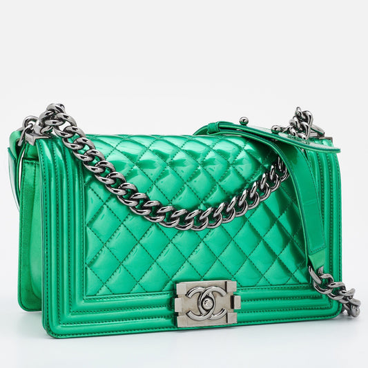 CHANEL Green Quilted Patent Leather Medium Boy Flap Bag