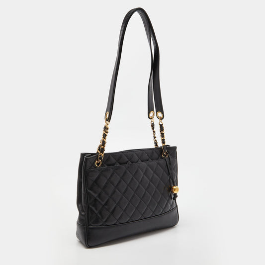 CHANEL Black Quilted Caviar Leather Vintage Shopper Tote