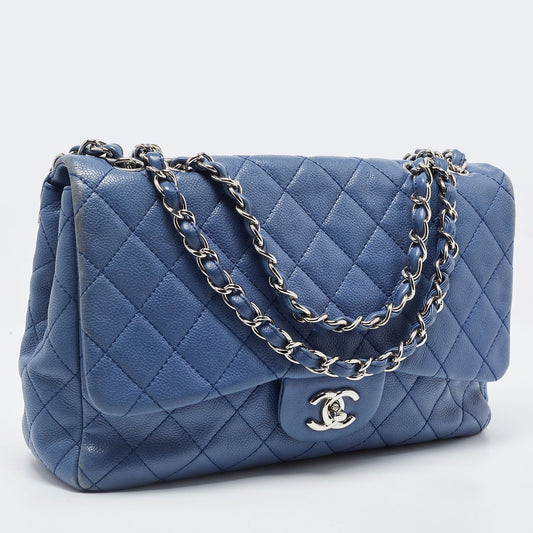 CHANEL Blue Quilted Caviar Leather Jumbo Classic Single Flap Bag