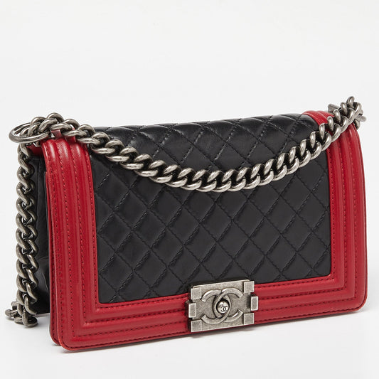 CHANEL Black/Red Quilted Leather Medium Boy Flap Bag