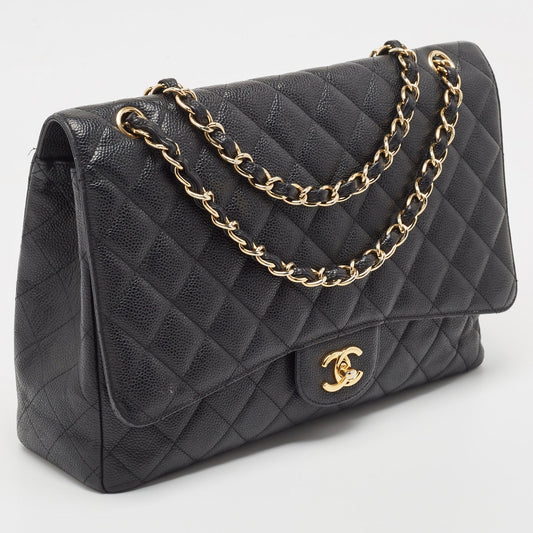CHANEL Black Quilted Caviar Leather Maxi Classic Single Flap Bag