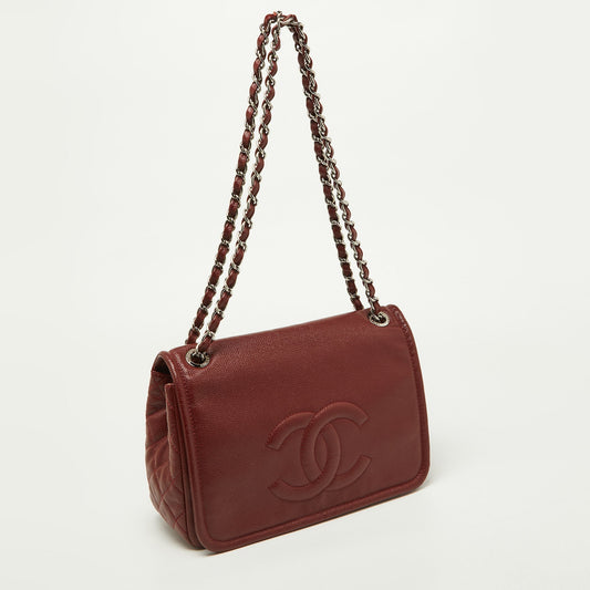 CHANEL Dark Red Caviar Leather Large CC Timeless Flap Bag