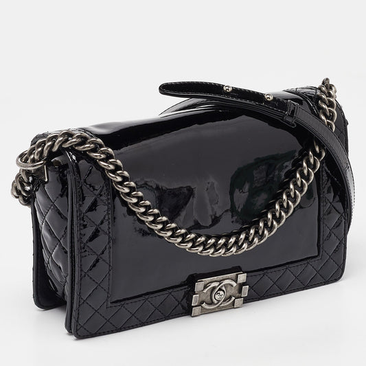 CHANEL Black Patent Leather New Medium Reverso Boy Flap Bag