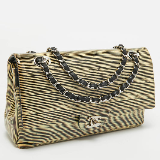 CHANEL Cream Striped Patent Leather Medium Classic Double Flap Bag