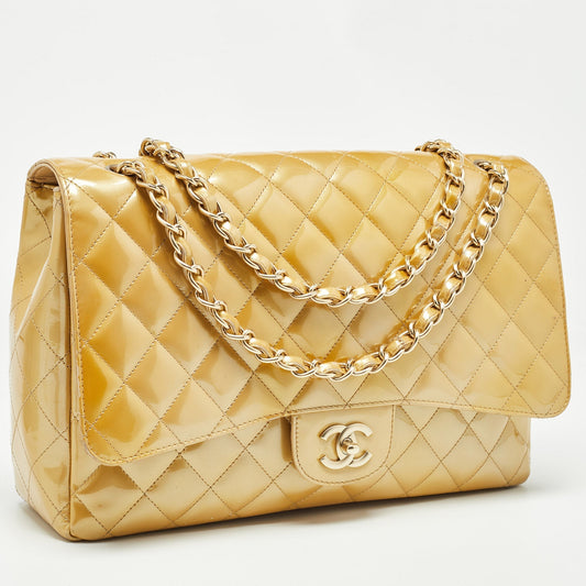 CHANEL Gold Quilted Patent Leather Maxi Classic Single Flap Bag