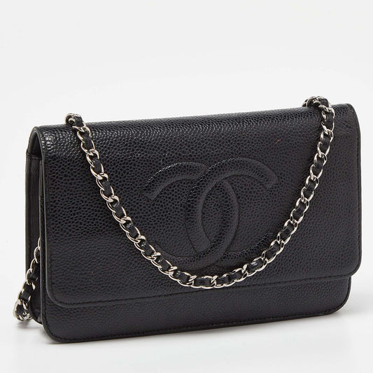 CHANEL Black Quilted Caviar Leather Classic Wallet On Chain