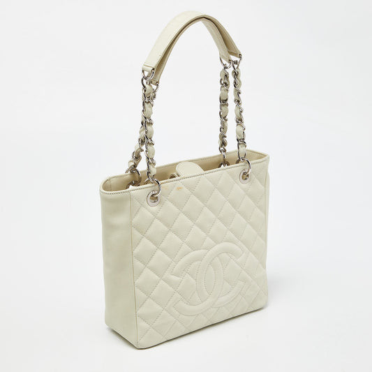 CHANEL Ivory Quilted Caviar Leather Petite Shopping Tote
