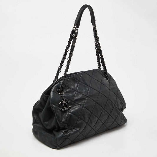 CHANEL Black Quilted Shimmer Leather Medium Just Mademoiselle Bowler Bag