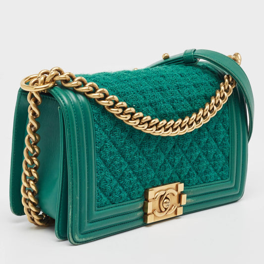 CHANEL Green Quilted Tweed and Leather Medium Boy Flap Bag
