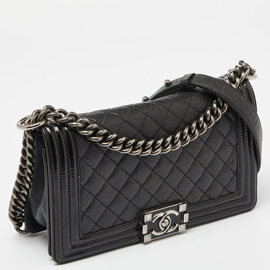 CHANEL Black Quilted Patent and Leather Medium Boy Flap Bag