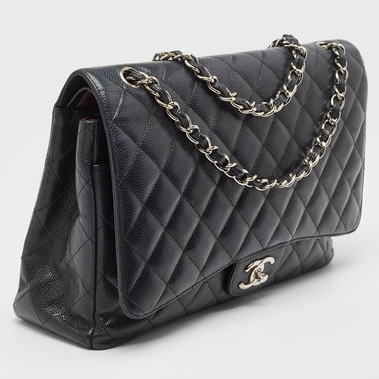 CHANEL Black Quilted Caviar Leather Maxi Classic Double Flap Bag