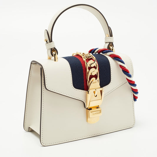 Luxury Gucci White Leather Mini Web Sylvie Top Handle Bag
