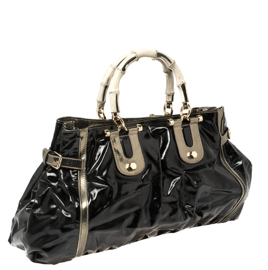 Luxury Gucci Black Coated Canvas and Leather Dialux Pop Bamboo Satchel
