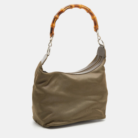 Luxury Gucci Olive Green Canvas And Patent Leather Peggy Bamboo Hobo