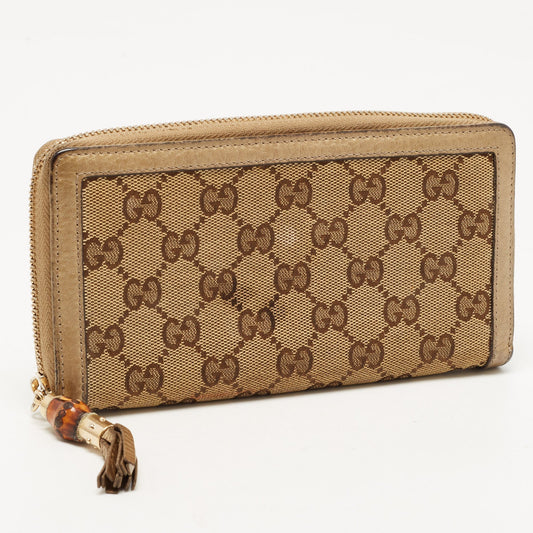 Luxury Gucci Beige GG Canvas and Leather Bamboo Tassel Zip Around Wallet