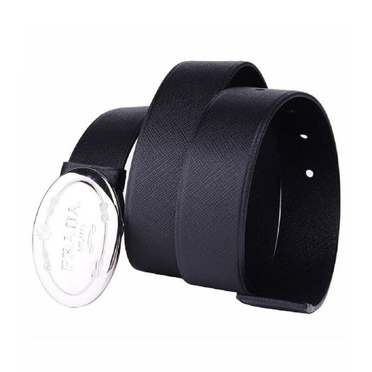 Luxury PradaMens Navy Saffiano Leather Belt Silver Oval Buckle Belt Size 90-36