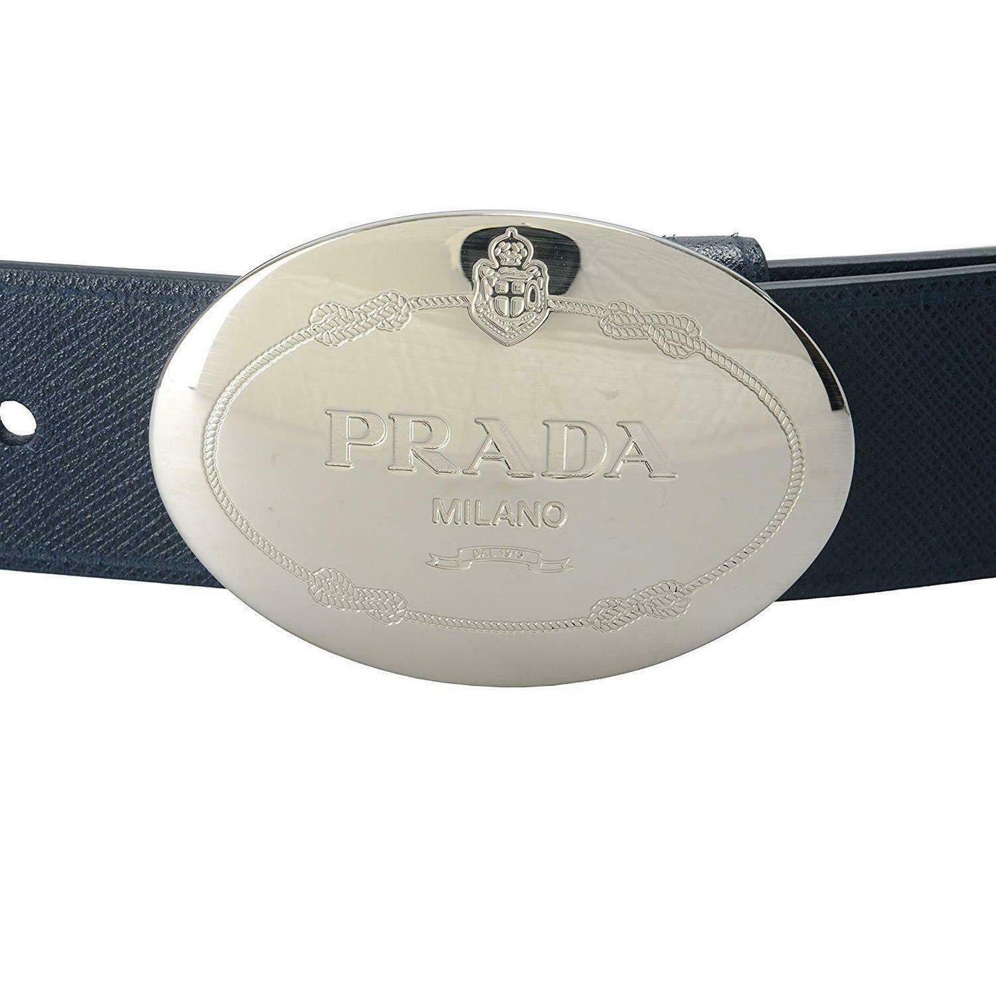Luxury PradaMens Navy Saffiano Leather Belt Silver Oval Buckle Belt Size 90-36