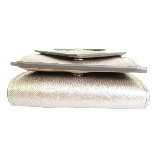 Luxury PradaRibbon Saffiano Metallic Silver and Beige Leather Trifold Wallet