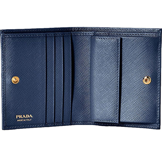 Luxury PradaSaffiano Baltico Blue Leather Gold Logo Bifold Snap Wallet