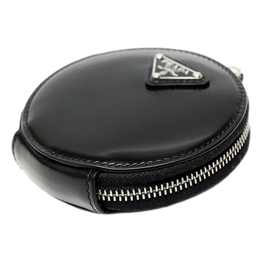 Luxury PradaTriangle Plaque Smooth Black Leather Round Mini Pouch Keychain