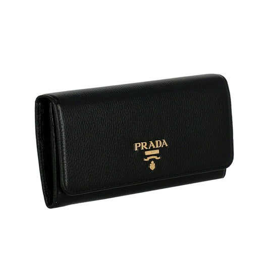 Luxury PradaVitello Grain Black Leather ID Holder Continental Long Wallet
