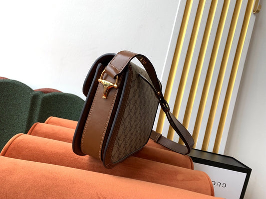 Luxury Gucci GG 1955 Horsebit Bag 25cm Brown Leather Beige Canvas Gold Hardware