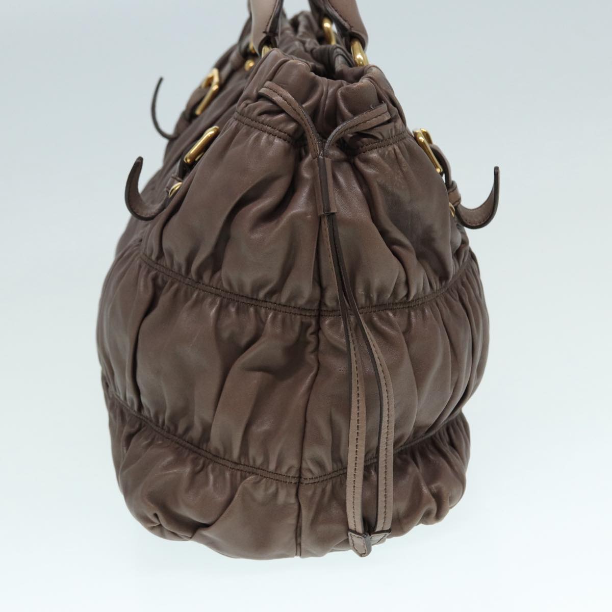 Luxury Prada Gathered Hand Bag Leather 2way Brown Gold yk14663