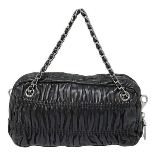 Luxury Prada Chain Gathered Hand Bag Leather 2way Black Silver yk15035