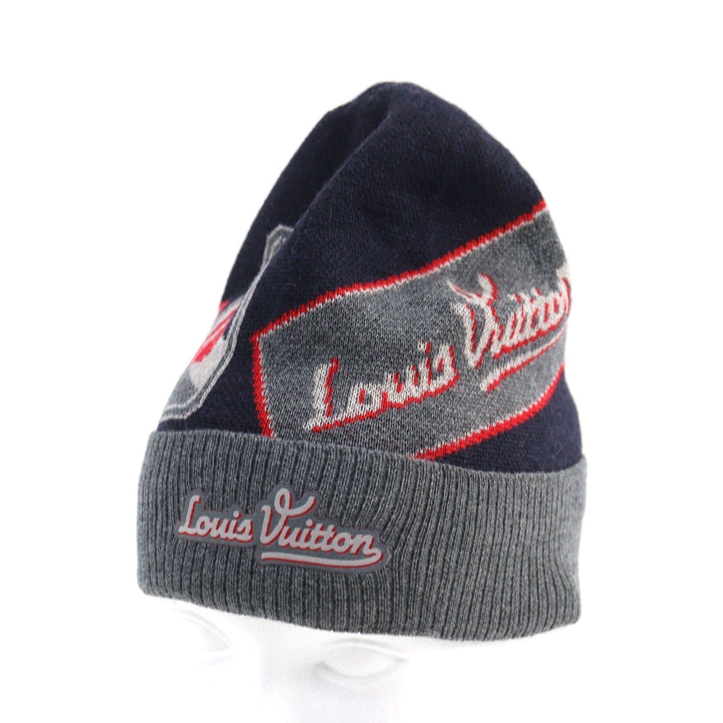 LOUIS VUITTON Knit cap M70728 wool Navy Gray Red All-over pattern