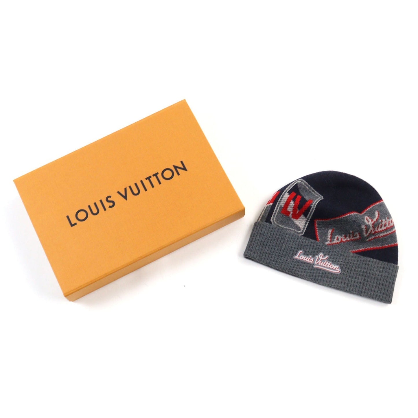 LOUIS VUITTON Knit cap M70728 wool Navy Gray Red All-over pattern