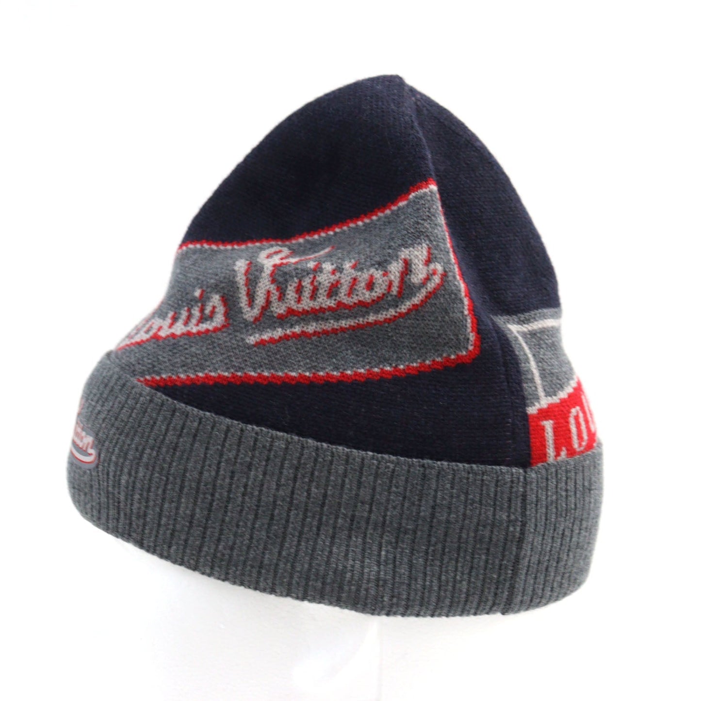 LOUIS VUITTON Knit cap M70728 wool Navy Gray Red All-over pattern