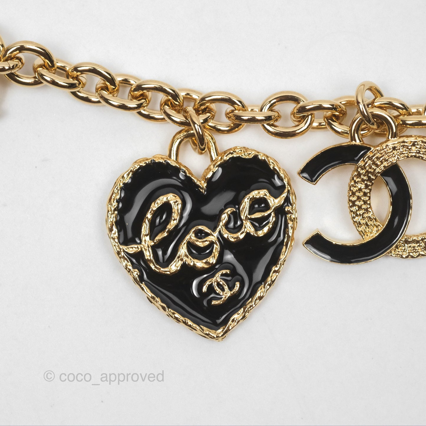 Chanel Black CC Heart Lucky Clover Chain Belt Gold Tone 24P